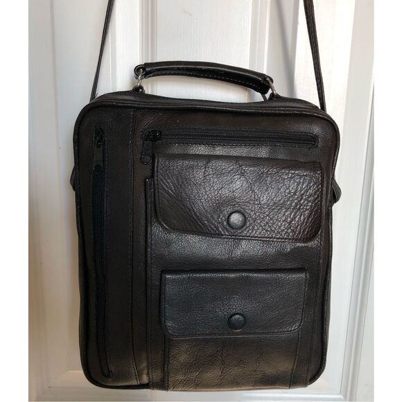 UNISEX LEATHER - Utilitarian Black All-Leather Bag w/Multi Compartments - Picture 1 of 15